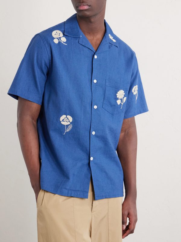 Convertible-Collar Embroidered Ramie Shirt - FR Convertible-Collar Embroidered Ramie Shirt - FR