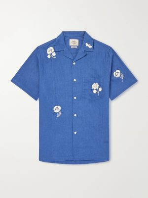 Convertible-Collar Embroidered Ramie Shirt