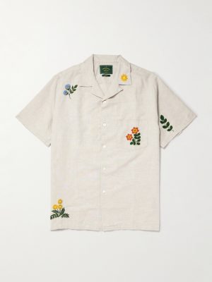 Convertible-Collar Embroidered Linen and Cotton-Blend Shirt