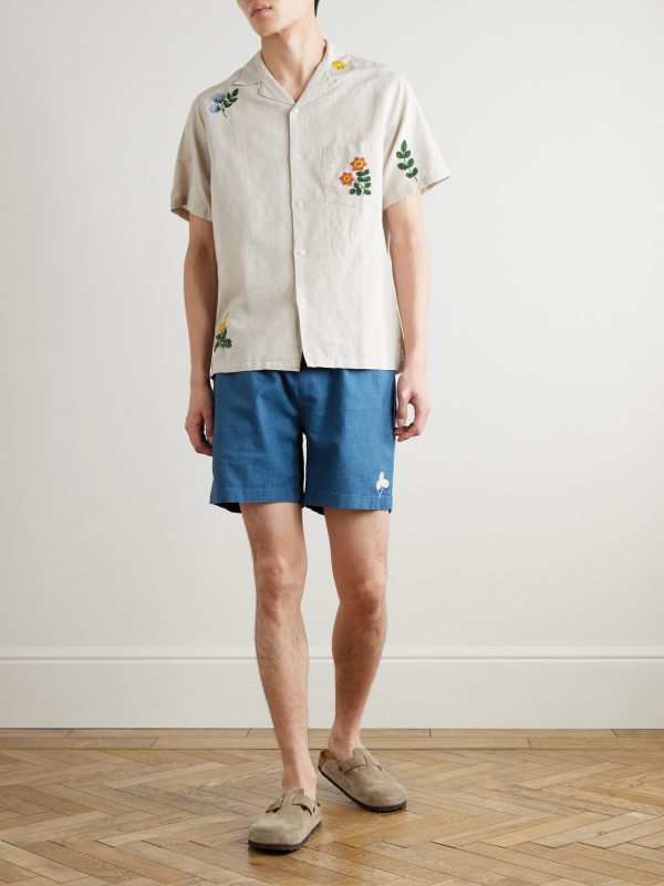 Straight-Leg Embroidered Ramie Drawstring Shorts - OU