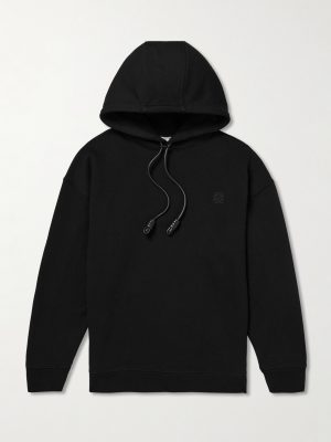 Logo-Embroidered Leather-Trimmed Cotton-Jersey Hoodie
