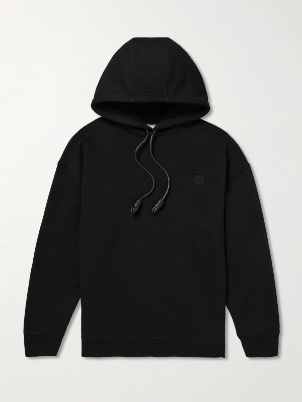 Logo-Embroidered Leather-Trimmed Cotton-Jersey Hoodie Logo-Embroidered Leather-Trimmed Cotton-Jersey Hoodie