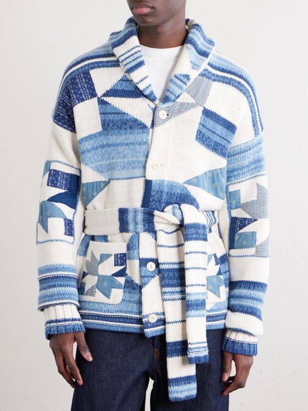 Shawl-Collar Patchwork Cotton and Linen-Blend Cardigan - FR Shawl-Collar Patchwork Cotton and Linen-Blend Cardigan - FR