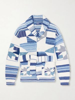 Shawl-Collar Patchwork Cotton and Linen-Blend Cardigan