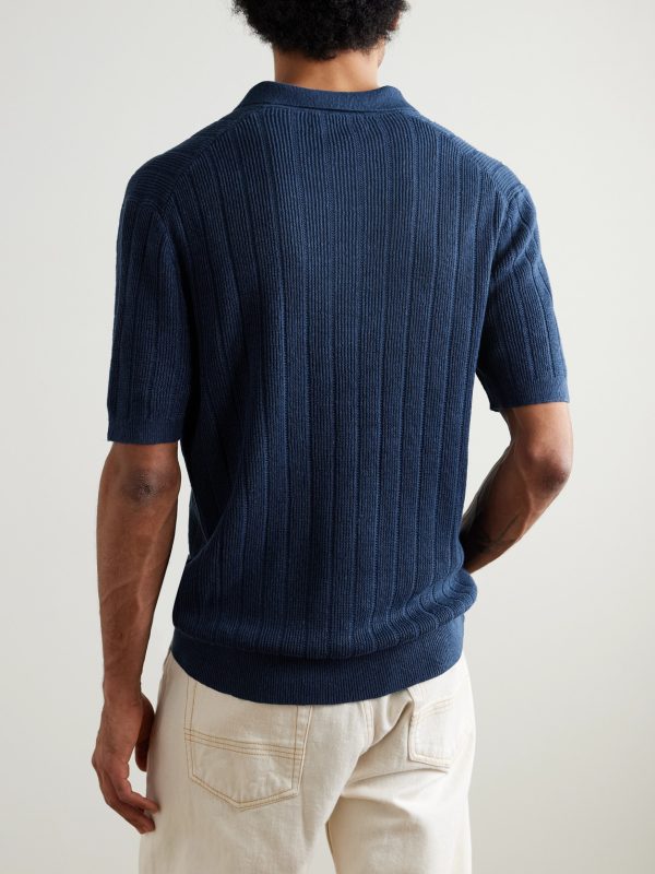 Open-Collar Ribbed Linen Polo Shirt - BK Open-Collar Ribbed Linen Polo Shirt - BK