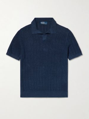 Open-Collar Ribbed Linen Polo Shirt