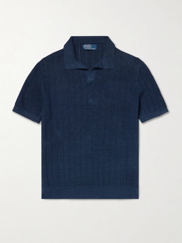 Open-Collar Ribbed Linen Polo Shirt Open-Collar Ribbed Linen Polo Shirt