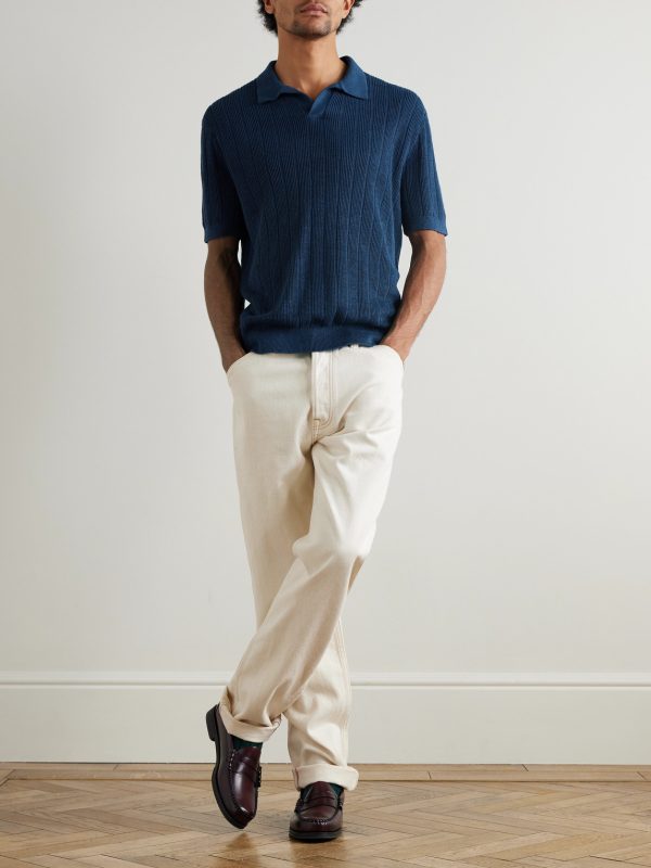 Open-Collar Ribbed Linen Polo Shirt - OU Open-Collar Ribbed Linen Polo Shirt - OU
