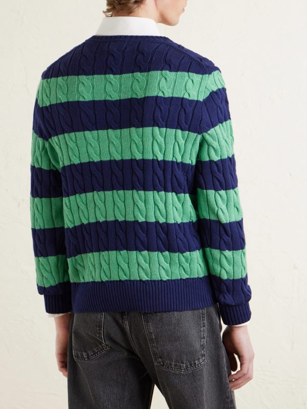 Logo-Embroidered Striped Cable-Knit Cotton Sweater - BK Logo-Embroidered Striped Cable-Knit Cotton Sweater - BK