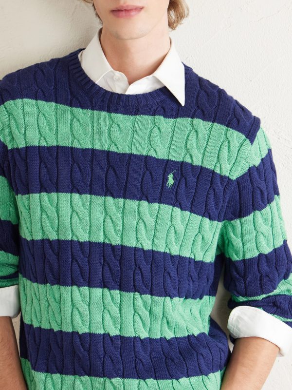 Logo-Embroidered Striped Cable-Knit Cotton Sweater - CU Logo-Embroidered Striped Cable-Knit Cotton Sweater - CU