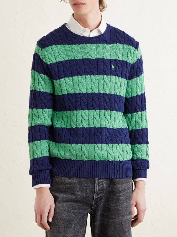 Logo-Embroidered Striped Cable-Knit Cotton Sweater - FR Logo-Embroidered Striped Cable-Knit Cotton Sweater - FR