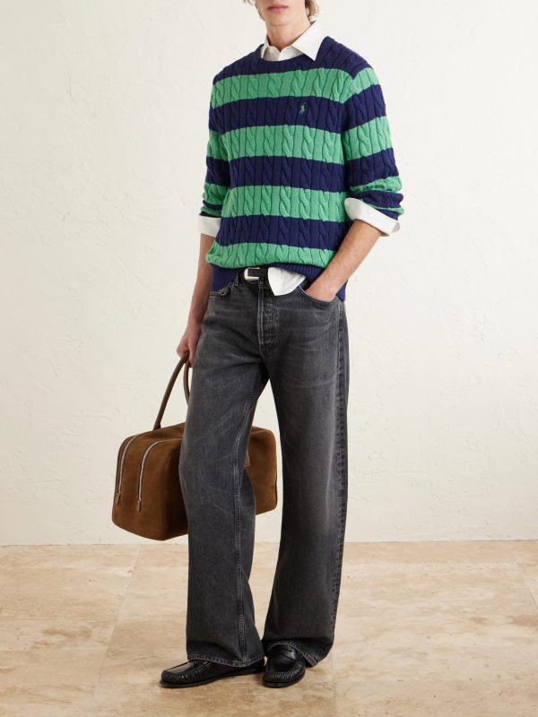 Logo-Embroidered Striped Cable-Knit Cotton Sweater - OU Logo-Embroidered Striped Cable-Knit Cotton Sweater - OU