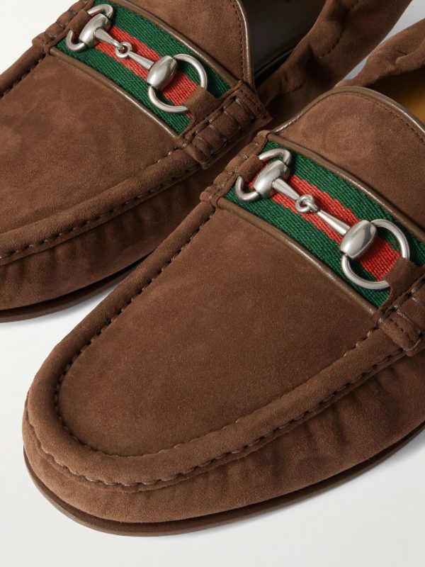 Horsebit-Embellished Webbing-Trimmed Suede Loafers - CU