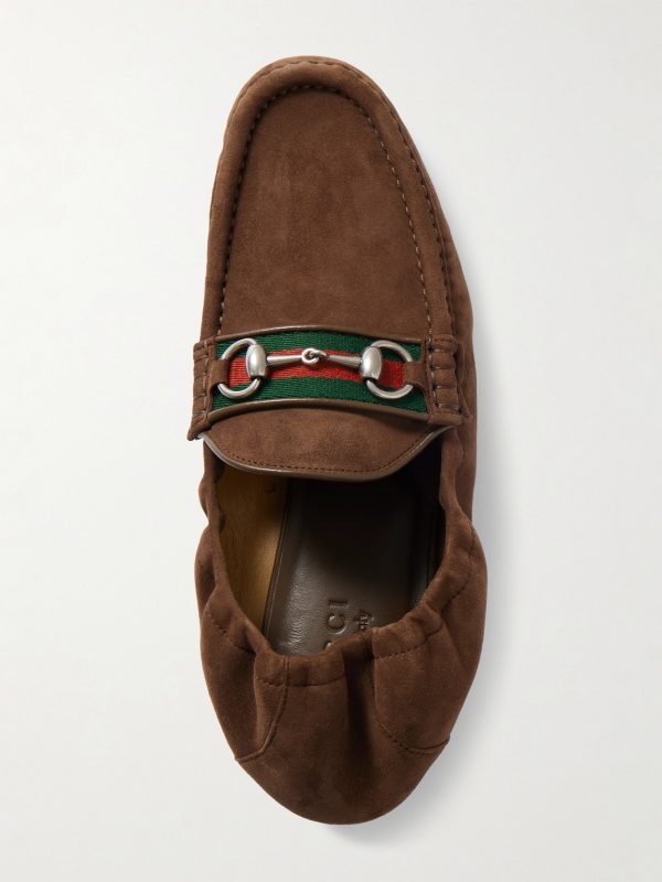 Horsebit-Embellished Webbing-Trimmed Suede Loafers - E1