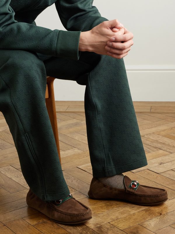 Horsebit-Embellished Webbing-Trimmed Suede Loafers - OU