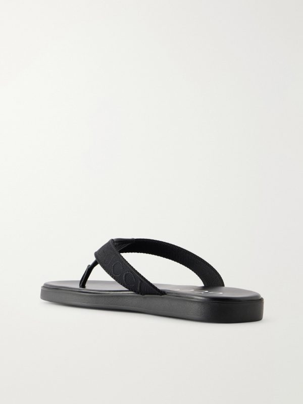 Logo-Jacquard Leather-Trimmed Canvas Flip Flops - BK Logo-Jacquard Leather-Trimmed Canvas Flip Flops - BK