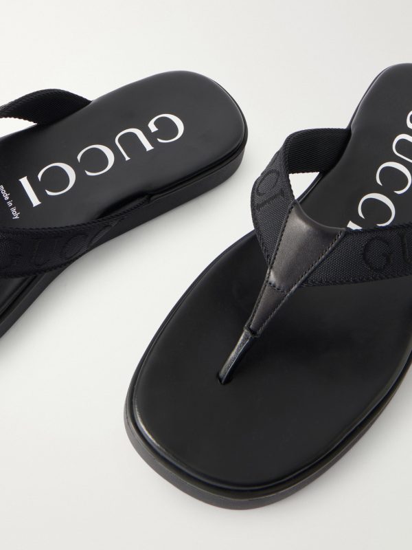 Logo-Jacquard Leather-Trimmed Canvas Flip Flops - CU Logo-Jacquard Leather-Trimmed Canvas Flip Flops - CU