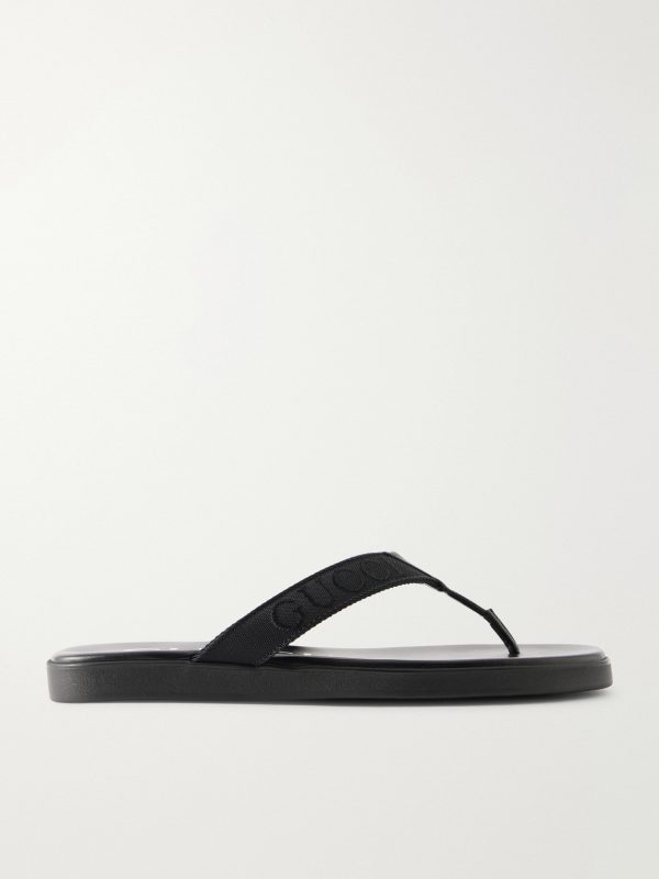 Logo-Jacquard Leather-Trimmed Canvas Flip Flops Logo-Jacquard Leather-Trimmed Canvas Flip Flops