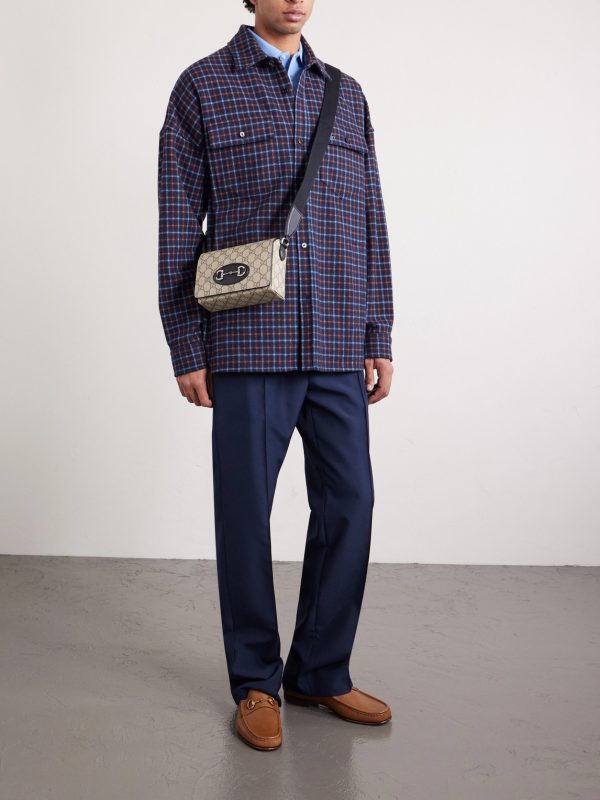 Horsebit 1955 Mini Leather-Trimmed Monogrammed Coated-Canvas Messenger Bag - E2 Horsebit 1955 Mini Leather-Trimmed Monogrammed Coated-Canvas Messenger Bag - E2