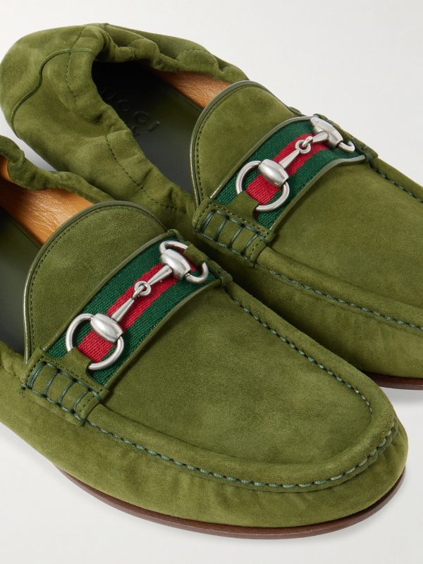 Horsebit-Embellished Webbing-Trimmed Suede Loafers - CU Horsebit-Embellished Webbing-Trimmed Suede Loafers - CU