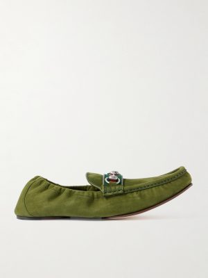 Horsebit-Embellished Webbing-Trimmed Suede Loafers
