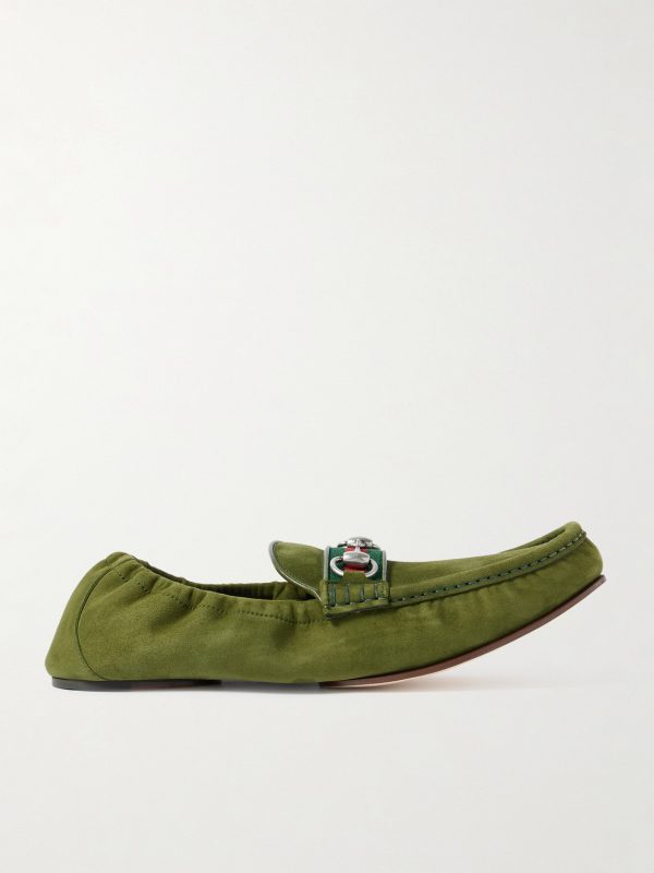 Horsebit-Embellished Webbing-Trimmed Suede Loafers Horsebit-Embellished Webbing-Trimmed Suede Loafers