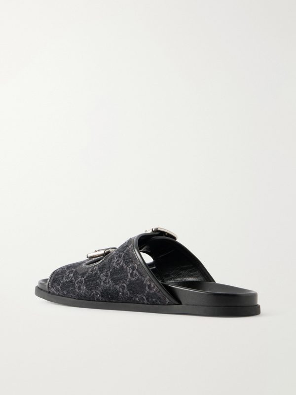 Logo-Jacquard Leather-Trimmed Canvas Sandals - BK Logo-Jacquard Leather-Trimmed Canvas Sandals - BK