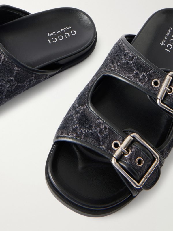 Logo-Jacquard Leather-Trimmed Canvas Sandals - CU Logo-Jacquard Leather-Trimmed Canvas Sandals - CU