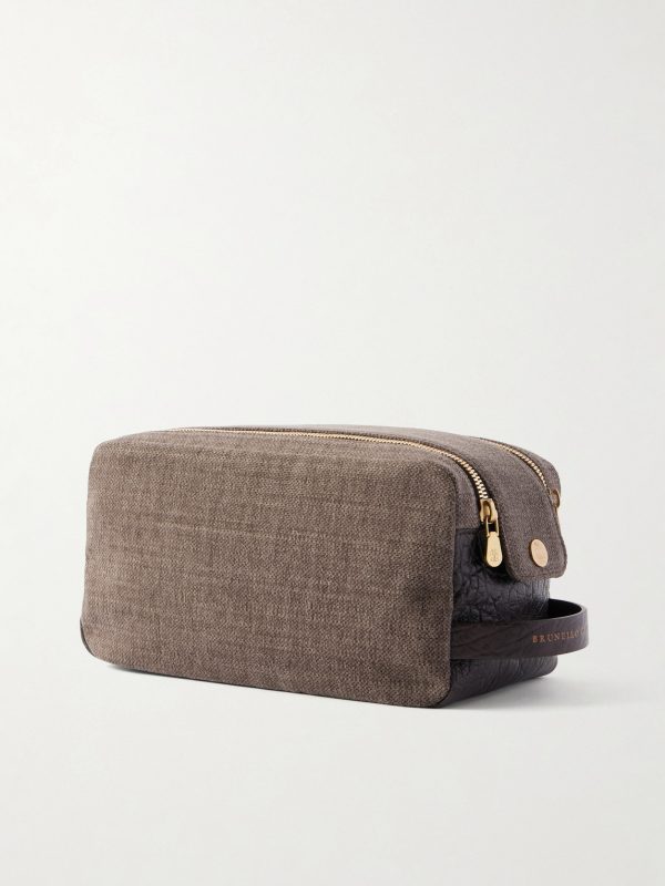 Leather-Trimmed Woven Wash Bag - BK Leather-Trimmed Woven Wash Bag - BK