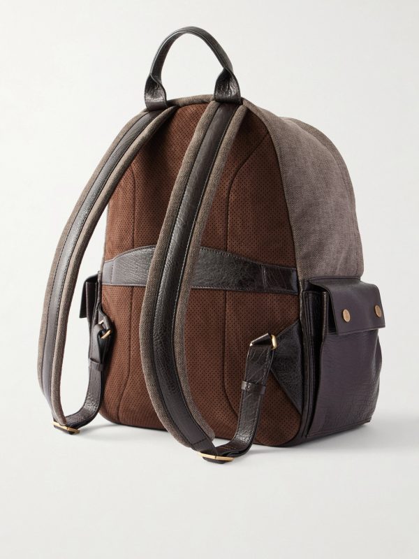 Leather-Trimmed Woven Backpack - BK Leather-Trimmed Woven Backpack - BK