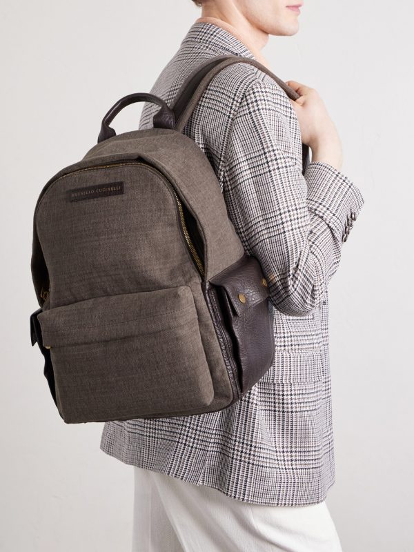 Leather-Trimmed Woven Backpack - FR Leather-Trimmed Woven Backpack - FR