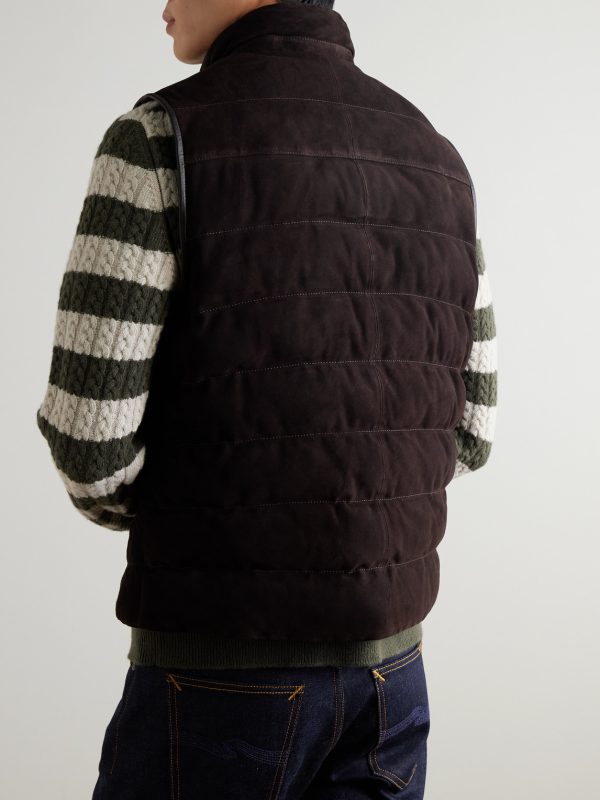 Leather-Trimmed Padded Quilted Suede Gilet - BK Leather-Trimmed Padded Quilted Suede Gilet - BK