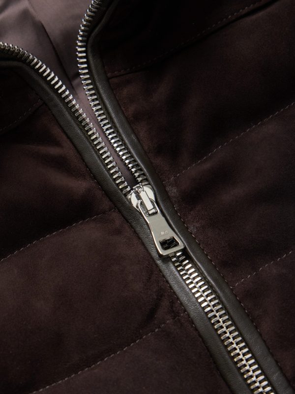 Leather-Trimmed Padded Quilted Suede Gilet - E1 Leather-Trimmed Padded Quilted Suede Gilet - E1