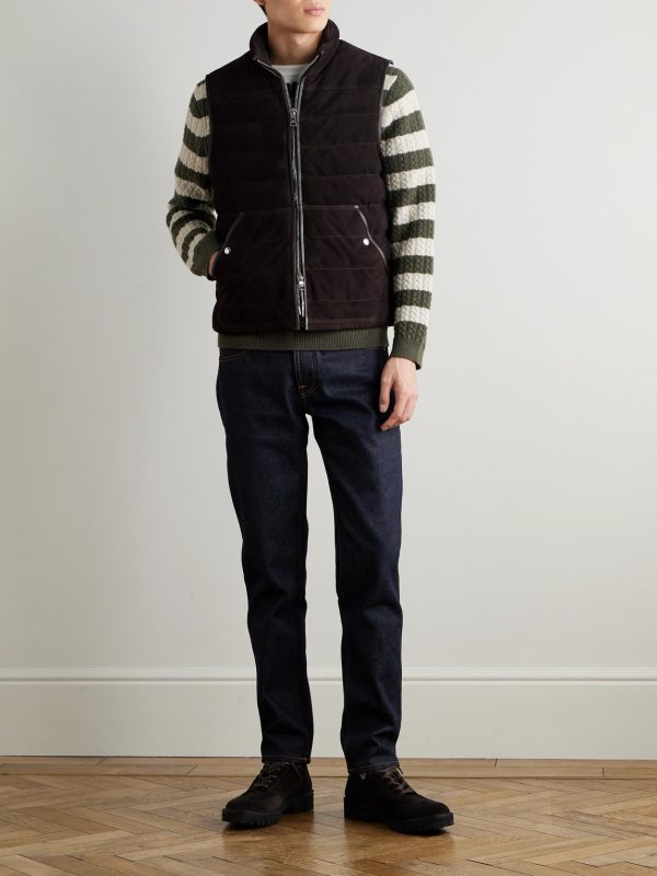 Leather-Trimmed Padded Quilted Suede Gilet - OU Leather-Trimmed Padded Quilted Suede Gilet - OU