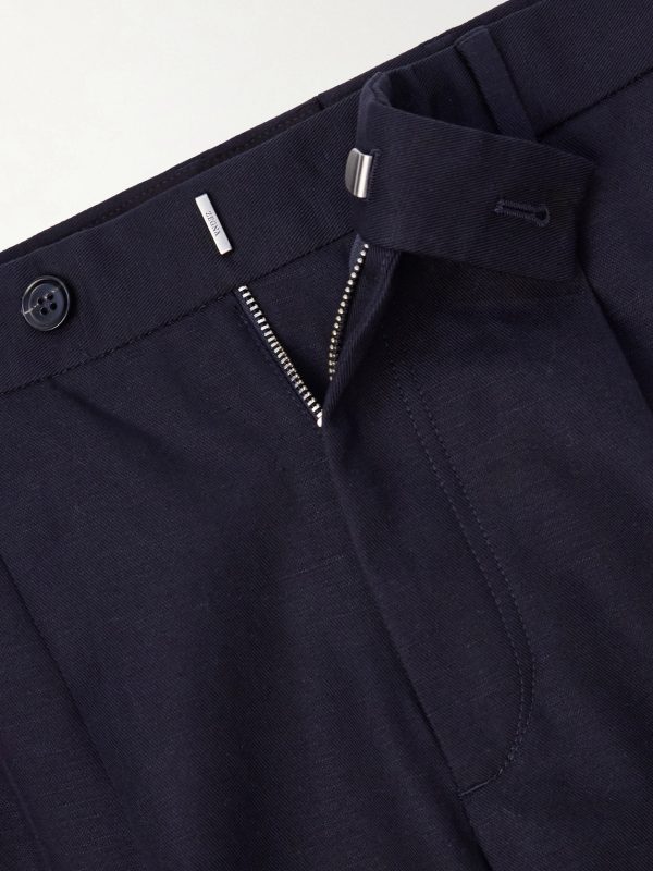 Straight-Leg Pleated Cotton and Linen-Blend Trousers - E1