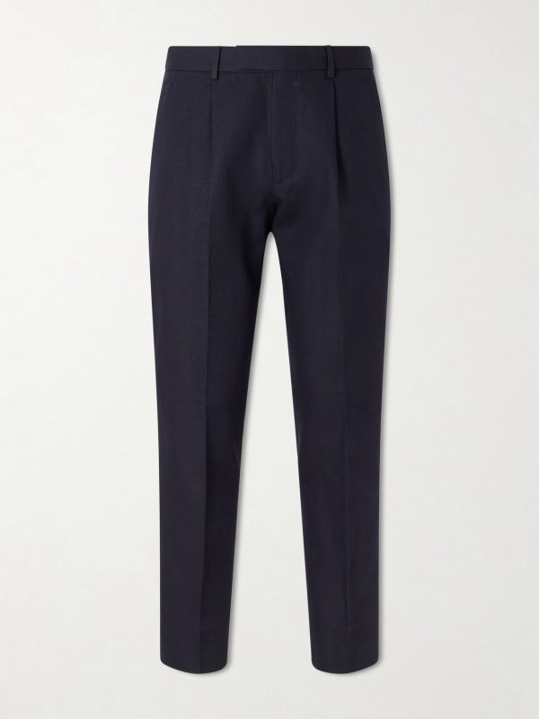 Straight-Leg Pleated Cotton and Linen-Blend Trousers
