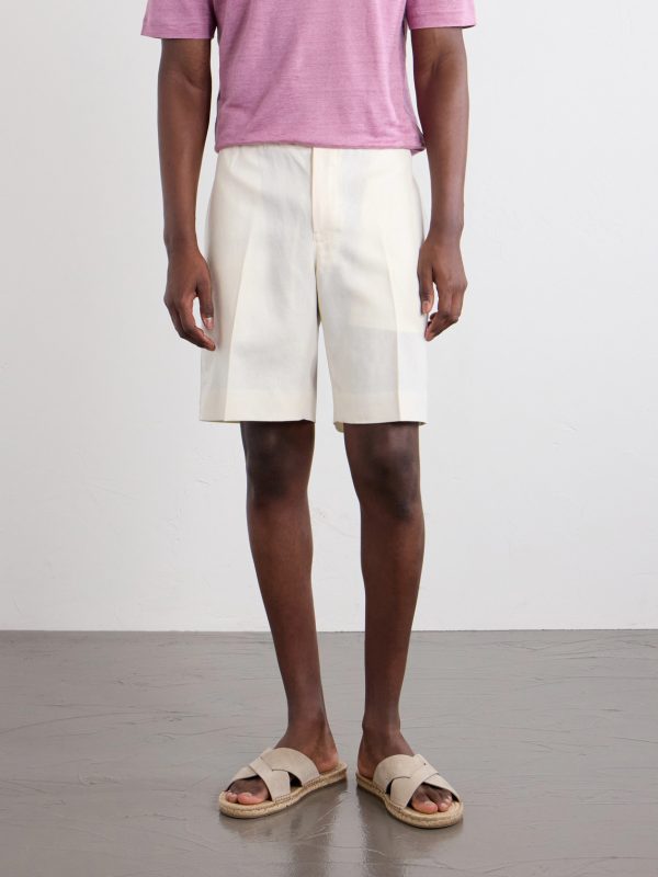 Straight-Leg Pleated Linen Drawstring Shorts - FR Straight-Leg Pleated Linen Drawstring Shorts - FR