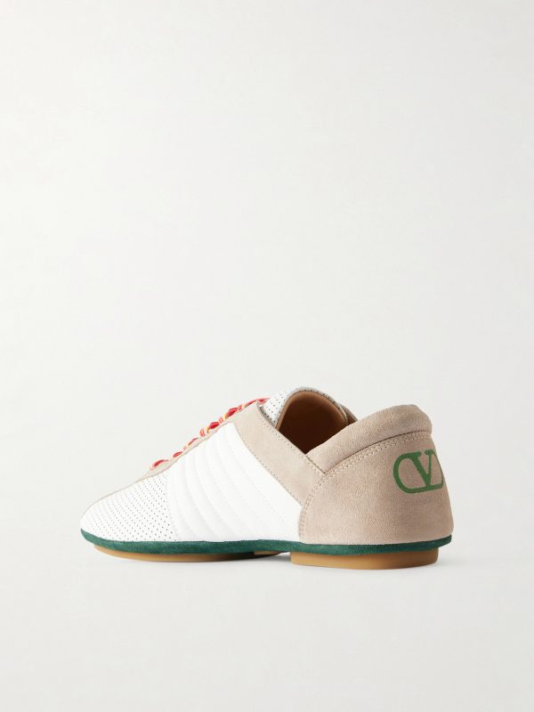 Suede-Trimmed Perforated Leather Sneakers - BK