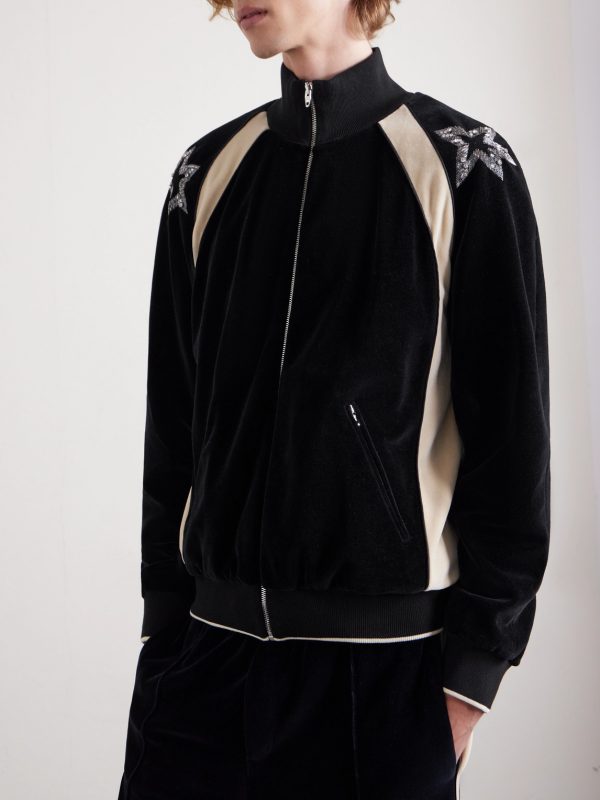 Beaded Crystal-Embellished Cotton-Blend Velour Track Jacket - FR Beaded Crystal-Embellished Cotton-Blend Velour Track Jacket - FR