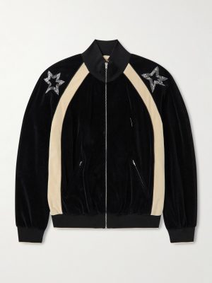 Beaded Crystal-Embellished Cotton-Blend Velour Track Jacket