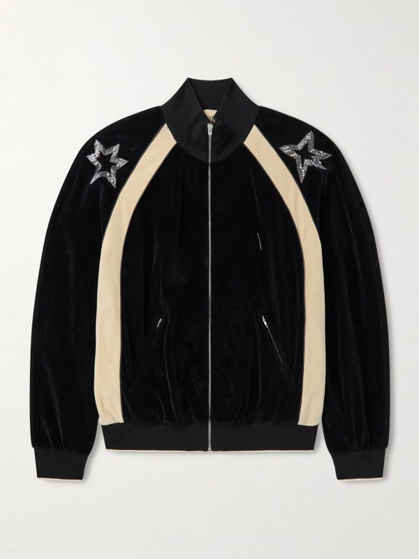 Beaded Crystal-Embellished Cotton-Blend Velour Track Jacket Beaded Crystal-Embellished Cotton-Blend Velour Track Jacket