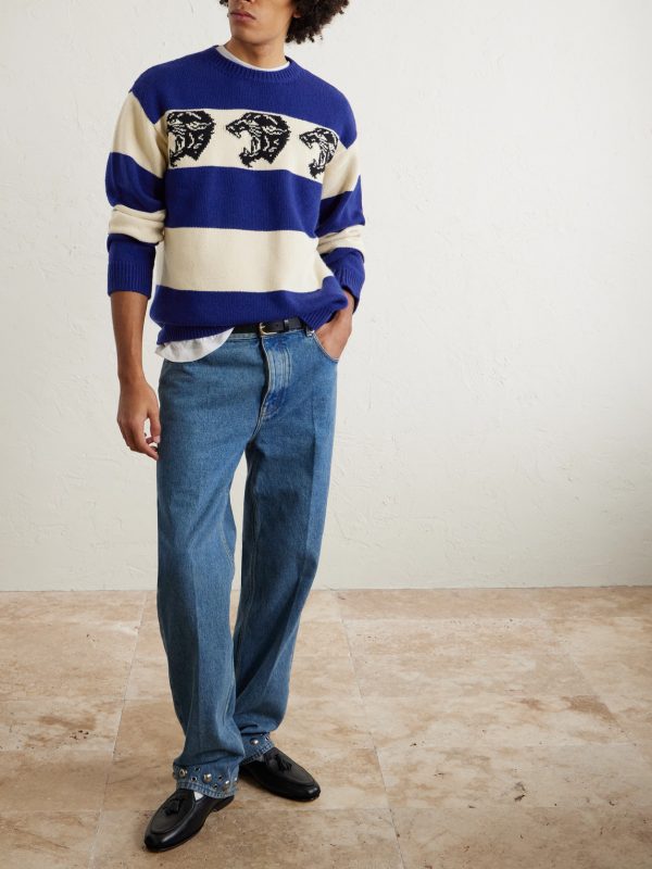 Striped Jacquard-Knit Wool Sweater - OU Striped Jacquard-Knit Wool Sweater - OU