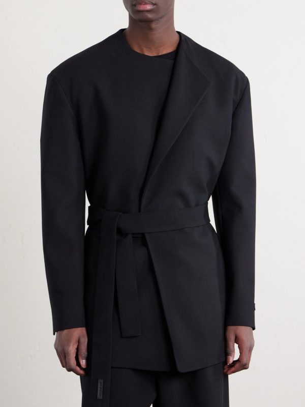 Crewneck Belted Virgin Wool-Blend Woven Jacket - FR