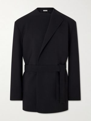 Crewneck Belted Virgin Wool-Blend Woven Jacket Crewneck Belted Virgin Wool-Blend Woven Jacket