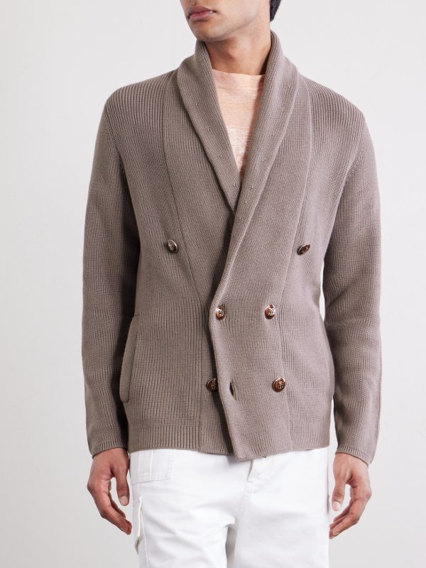Shawl-Collar Double-Breasted Ribbed Cotton Cardigan - FR Shawl-Collar Double-Breasted Ribbed Cotton Cardigan - FR