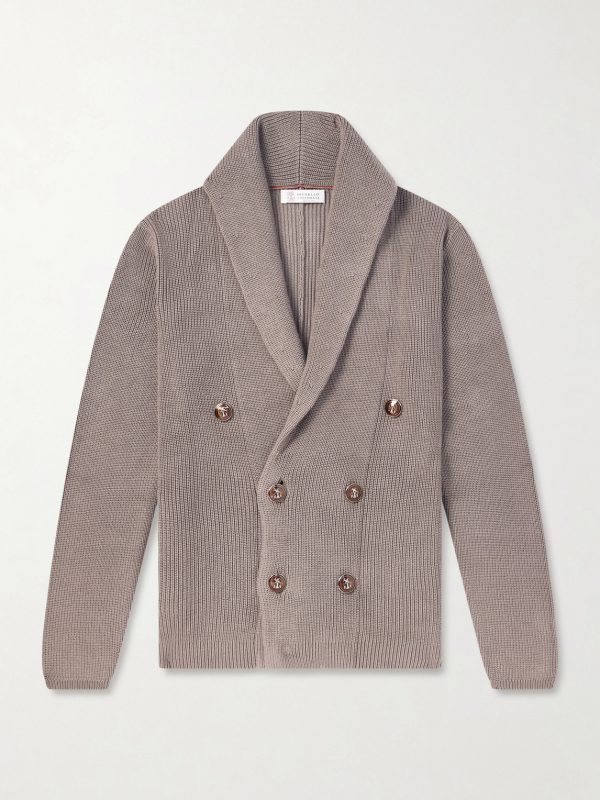 Shawl-Collar Double-Breasted Ribbed Cotton Cardigan Shawl-Collar Double-Breasted Ribbed Cotton Cardigan