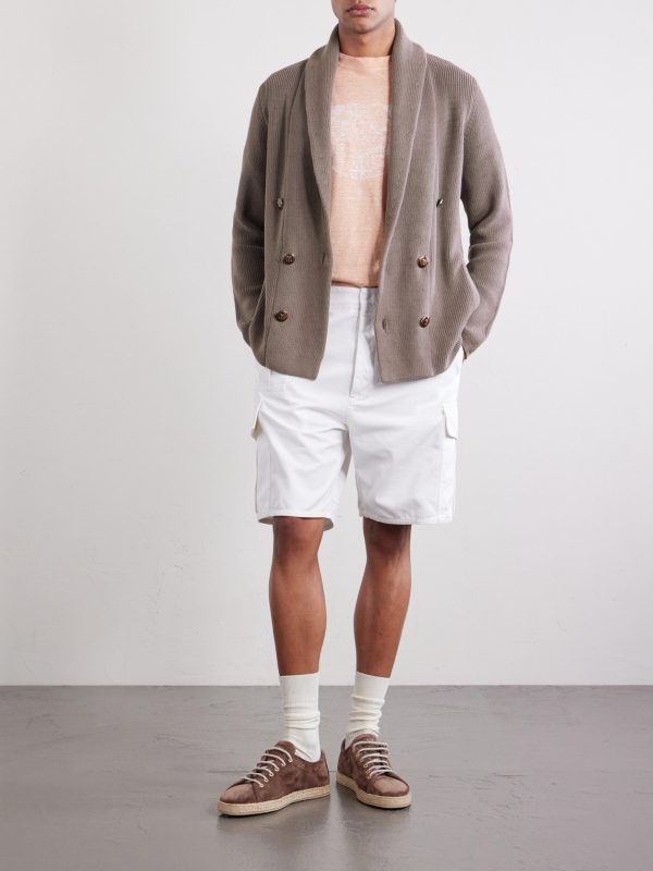 Shawl-Collar Double-Breasted Ribbed Cotton Cardigan - OU Shawl-Collar Double-Breasted Ribbed Cotton Cardigan - OU