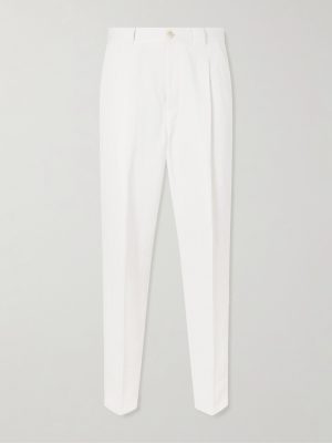 Straight-Leg Pleated Herringbone Cotton and Linen-Blend Trousers