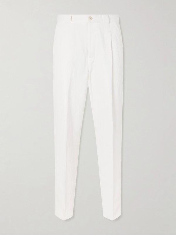 Straight-Leg Pleated Herringbone Cotton and Linen-Blend Trousers Straight-Leg Pleated Herringbone Cotton and Linen-Blend Trousers