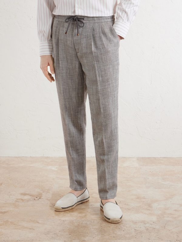Straight-Leg Pleated Herringbone Trousers - FR Straight-Leg Pleated Herringbone Trousers - FR